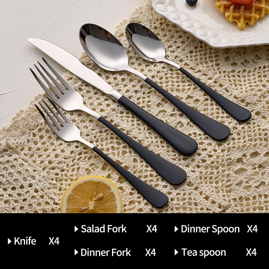 20-Pieces Black Silverware Sets for 4,Black Handle Stainless Steel Cutlery Set, Include Forks Spoons and Knives Set