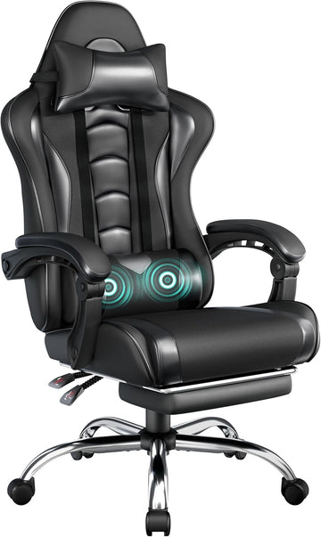 Gaming Chair with Footrest Massage Lumbar Pillow Reclining Black | Foam-padded PU leather racing seat and plush