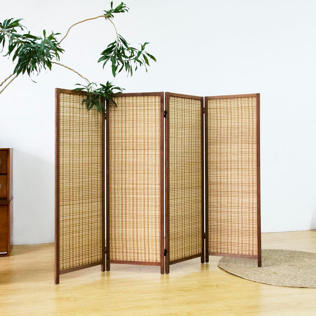 4 Panel Short Panel Divider Screen, 3.95 FT Tall Bamboo Room Divider Folding Privacy Screen, Short Panel Divider