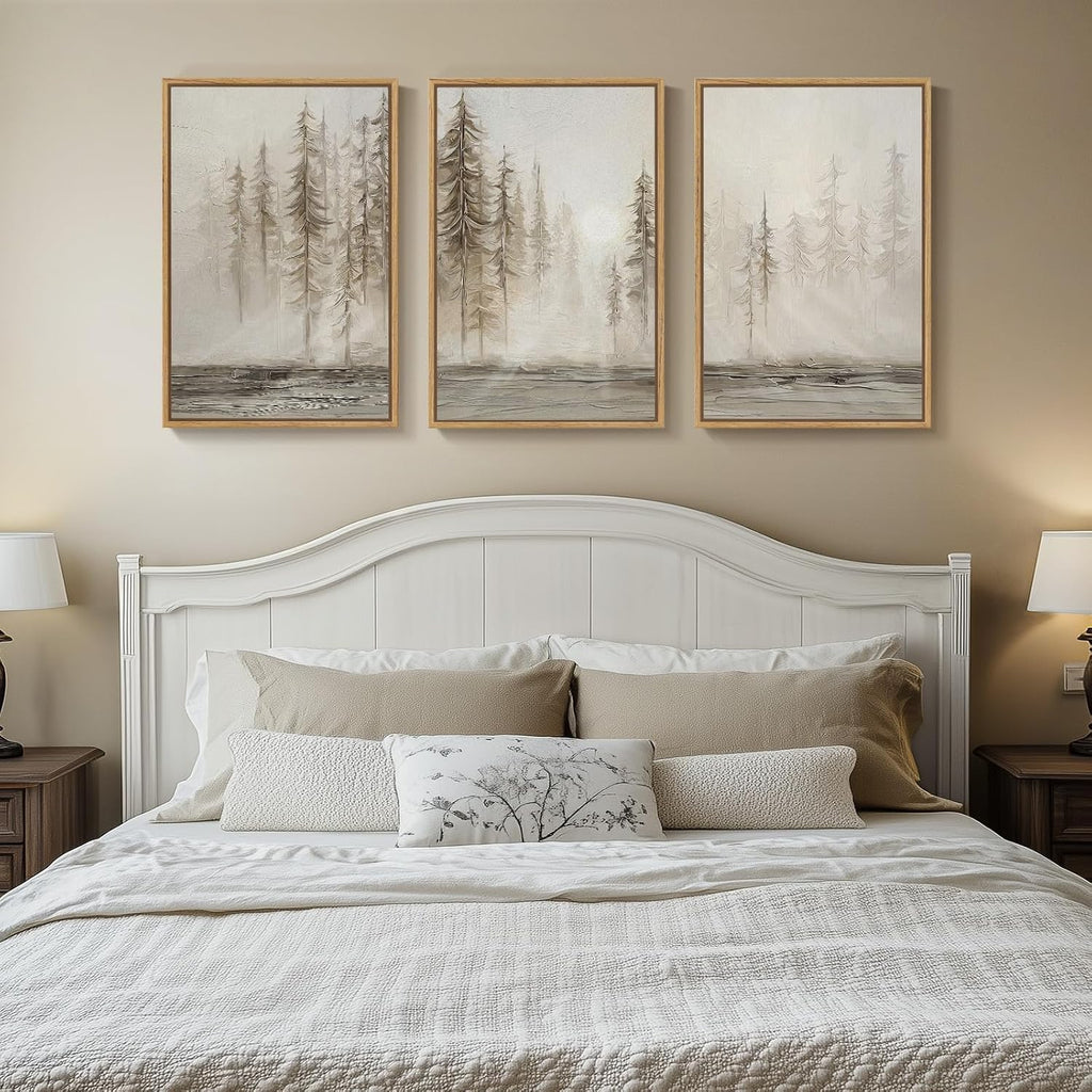 Large Framed Neutral Abstract Landscape Set of 3 Living Room Wall Art, Modern Misty Pine Forest Canvas Artwork for