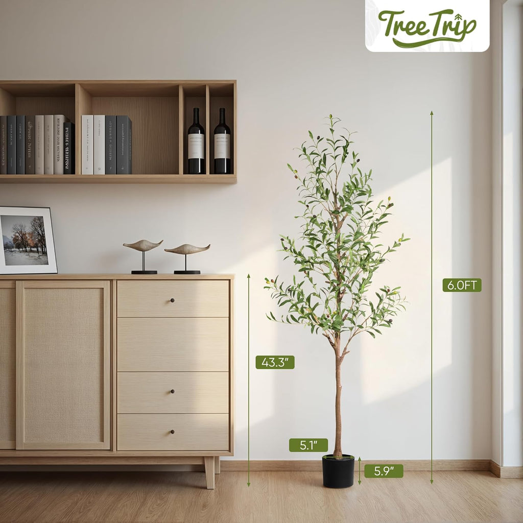Olive Tree Artificial Indoor, 6 FT Faux Olive Trees with Planter, Fake Tall Plants with Natural Trunk and Lifelike