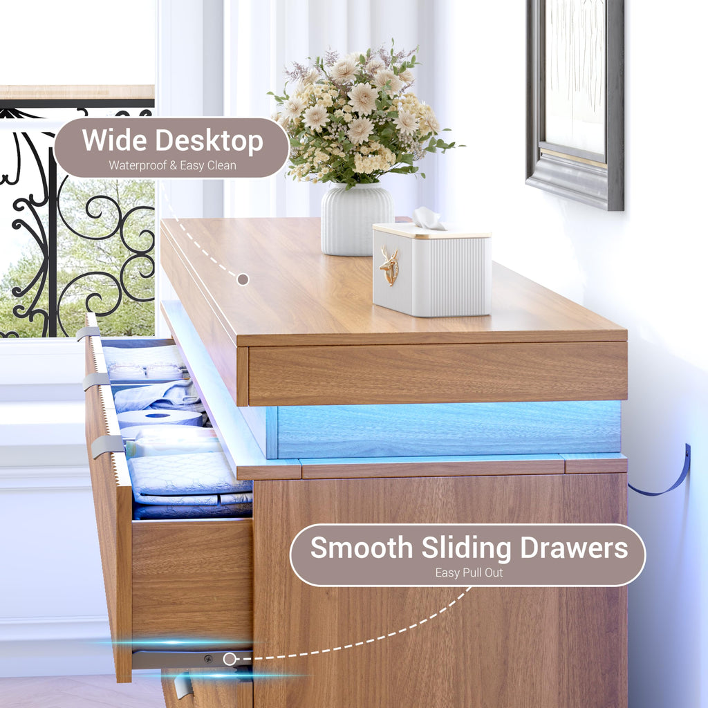 Fluted 9 Drawer Dresser with Charging Station, Walnut
