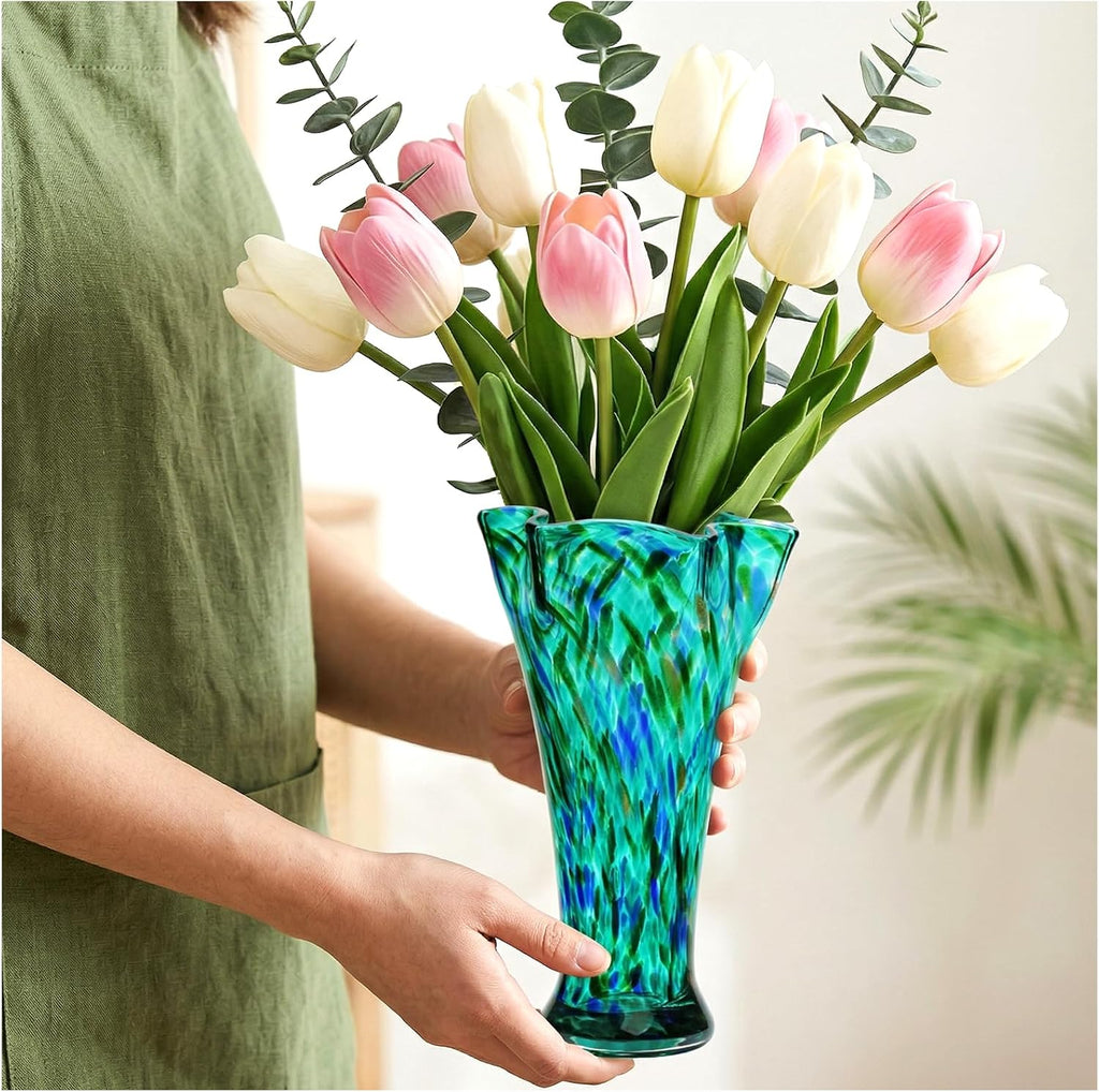Teal Green Glass Vase for Flowers,10.8inch Hand Blown Vase