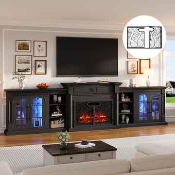 136" Fireplace TV Stand with Metal Screen, 5-in-1 Modular Design, Black