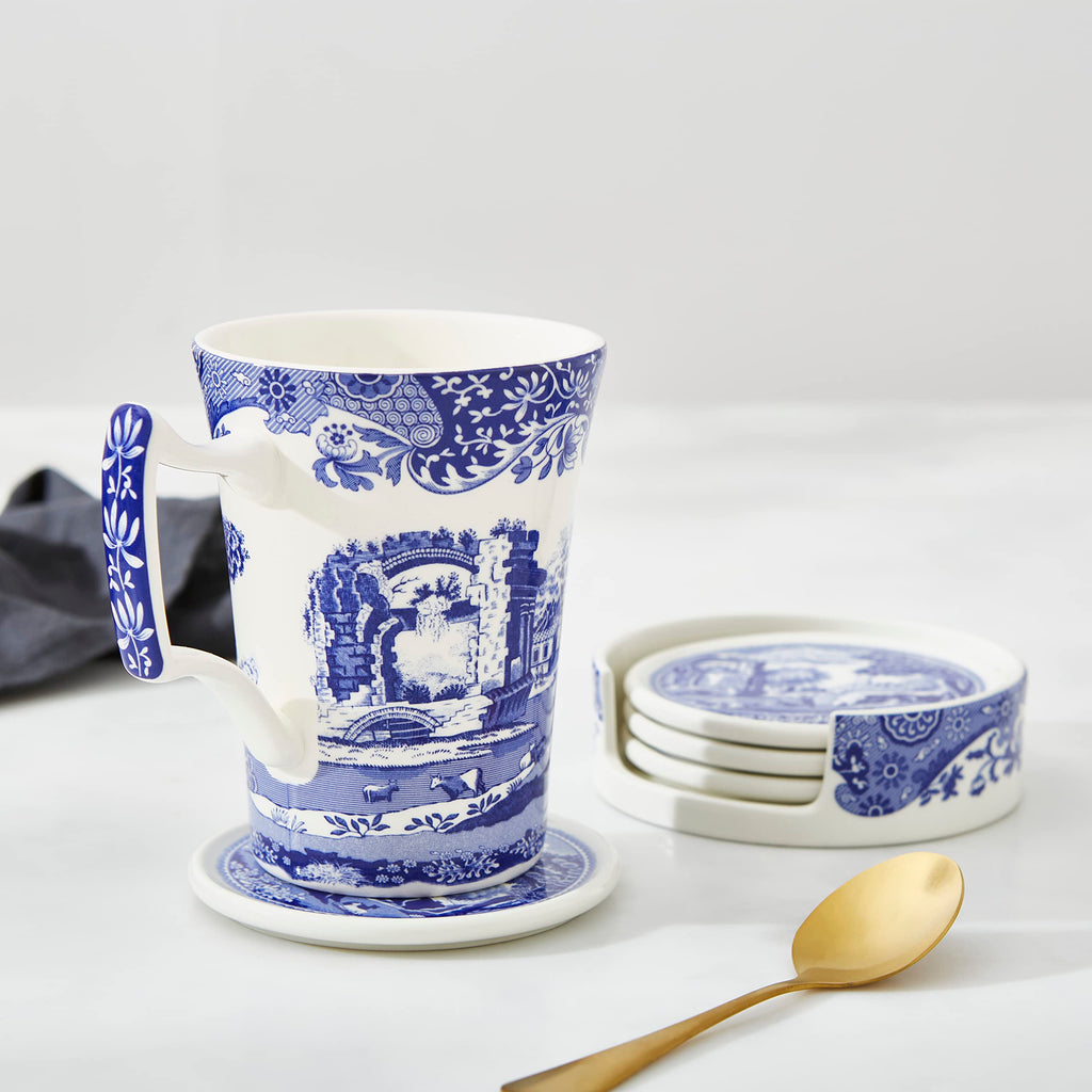 Blue Italian Ceramic Coaster Set, 4 Piece, with Holder