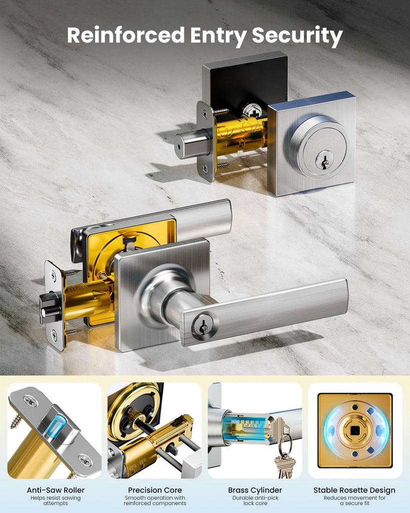 Modern Square Front Door Handle Set with Deadbolt, Satin Nickel