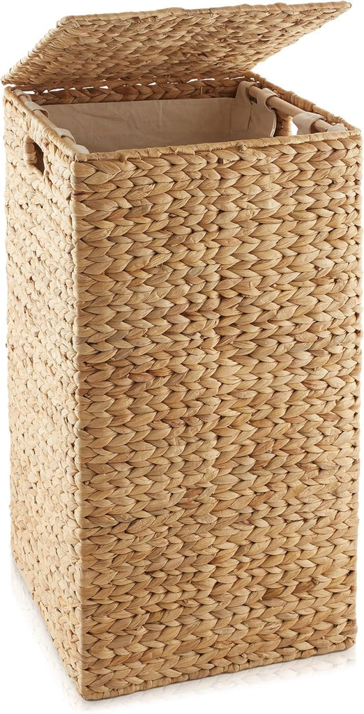 Laundry Hamper with Lid and Removable Liner Bag - Natural, Woven Water Hyacinth Square Laundry Basket Sorter for