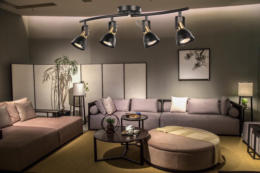 4 Light Track Lighting Kit, Matt Black Brass Finish 4 Way Adjustable with Moden Flush Mount Ceiling Spotlight