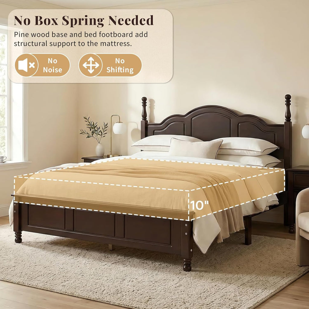 Vintage Queen Wood Bed Frame, Traditional Solid Wood Platform Bed with Retro Style Headboard, Traditional Town Style