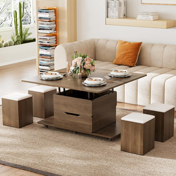 Black Walnut Wood Lift-Up Coffee Table with 4 Hidden Chairs