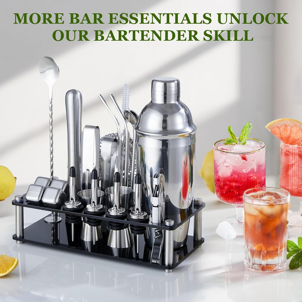 Cocktail Shaker Set, Bartender Kit with Stand 25oz Sliver - Set of 23