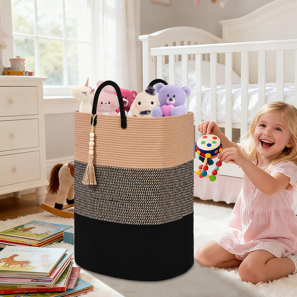 Woven Laundry Basket for Clothes, 80 L Large Rectangle Laundry Hampers with Beads Tassel, Nursery Storage Basket for