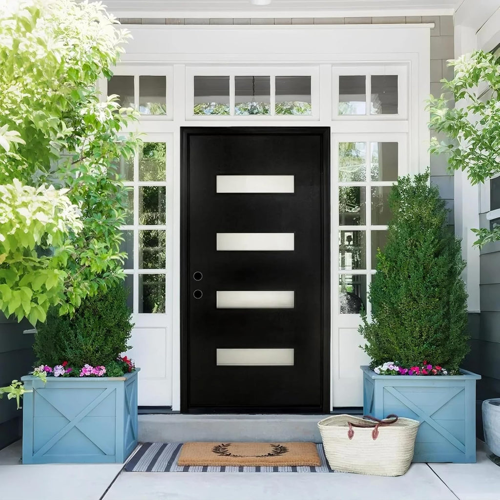 Fiberglass Entry Door Right Hand Inswing, 36 x 80, 4 Lite Frosted Glass 4-9/16 in. Vinyl Frame, Contemporary Style for Home's Front Entrance, Black Finished Knock-Down Entry Door