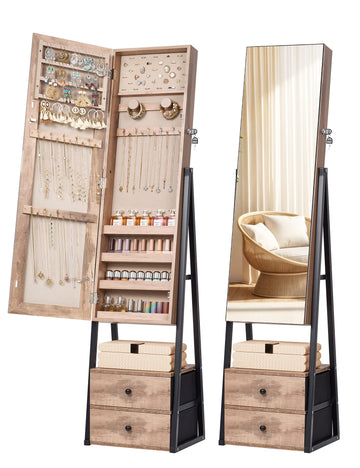 Jewelry Cabinet Armoire, 2 Drawers, Full Length Mirror, Oak