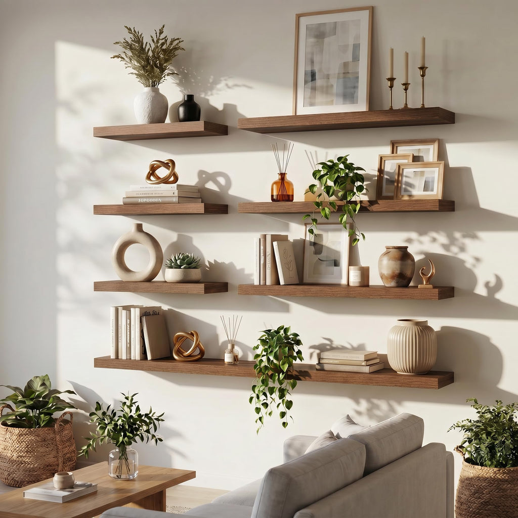 55 Inch Floating Shelves for Wall Set of 2, 6.5" D Wood Gra Shelves with Invisible Brackets, Easy Install Engineered