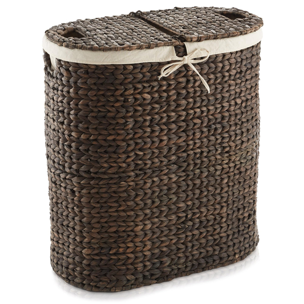 Oval Laundry Hamper with Lids and Removable Liner Bags - Espresso Dark Brown, Woven Water Hyacinth 2-Section Laundry