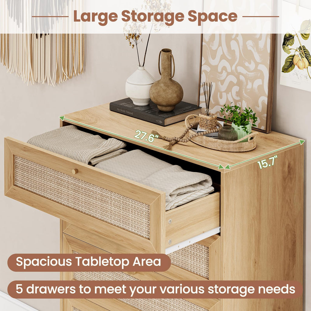 Rattan Dresser, 5 Drawer Dresser with Natural Rattan Drawers, Wooden Tall Cabinet with Gold Handles, Modern Closet