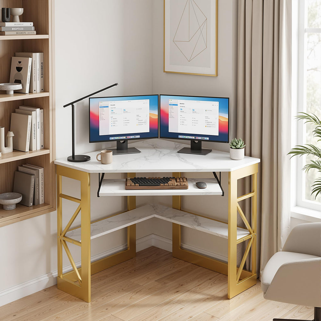 Corner Computer Desk 41 x 30 inches with Smooth Keyboard & Storage Shelves Workstation, White & Gold