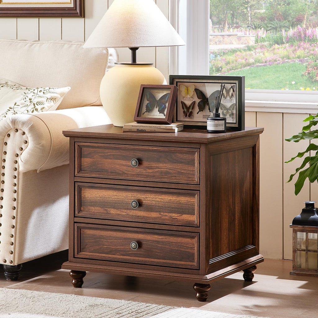 24" Wide Farmhouse Night Stand Set of 2, Large End Table with 3 Drawers & Metal Handle, Brown Wood Dresser Cabinet, Bed