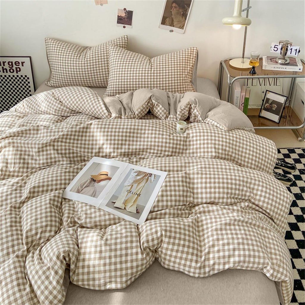 Gingham Duvet Cover Queen Brown Tan Plaid Checkered Comforter Cover Grid Farmhouse Bedding Set 3 Pcs Soft Breathable