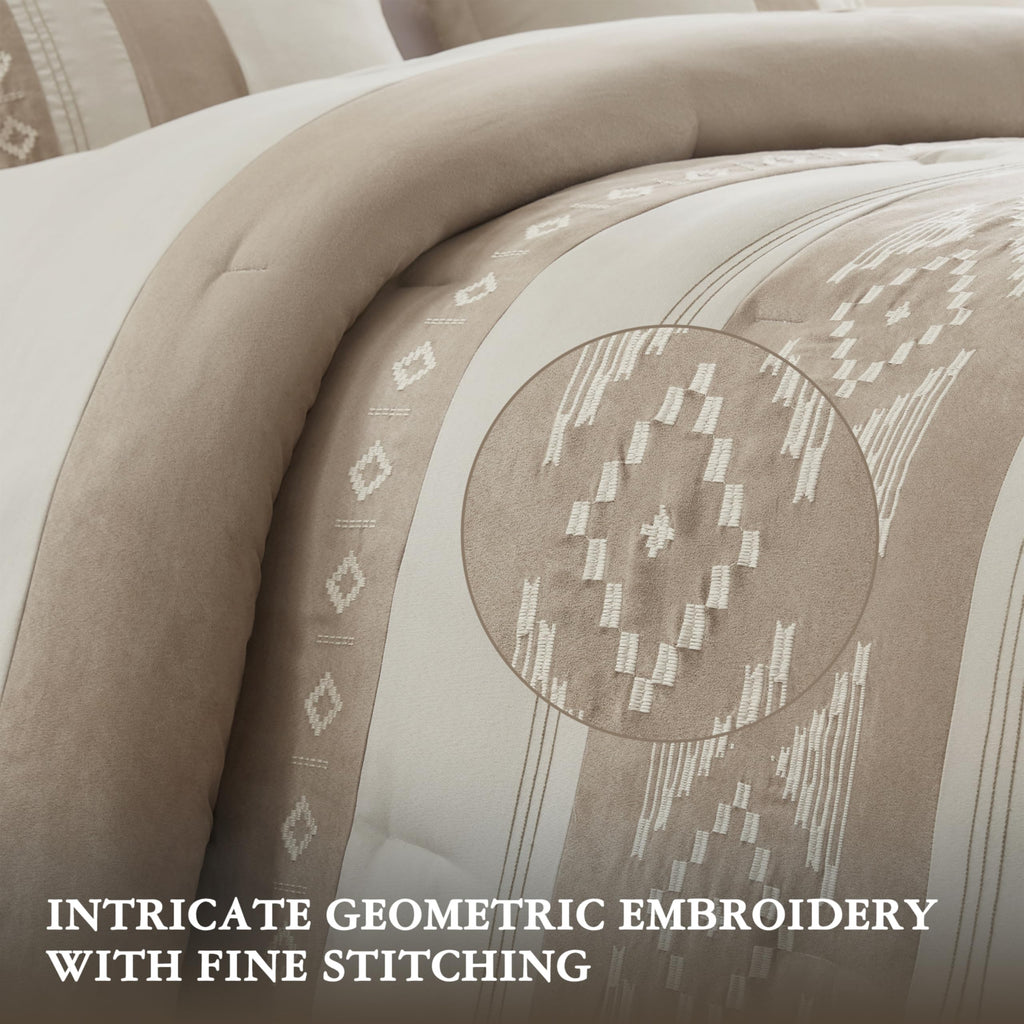 Queen Comforter Set - Sutherland 5-Piece Microsuede Embroidered Bedding Set with Decorative Pillows, Taupe