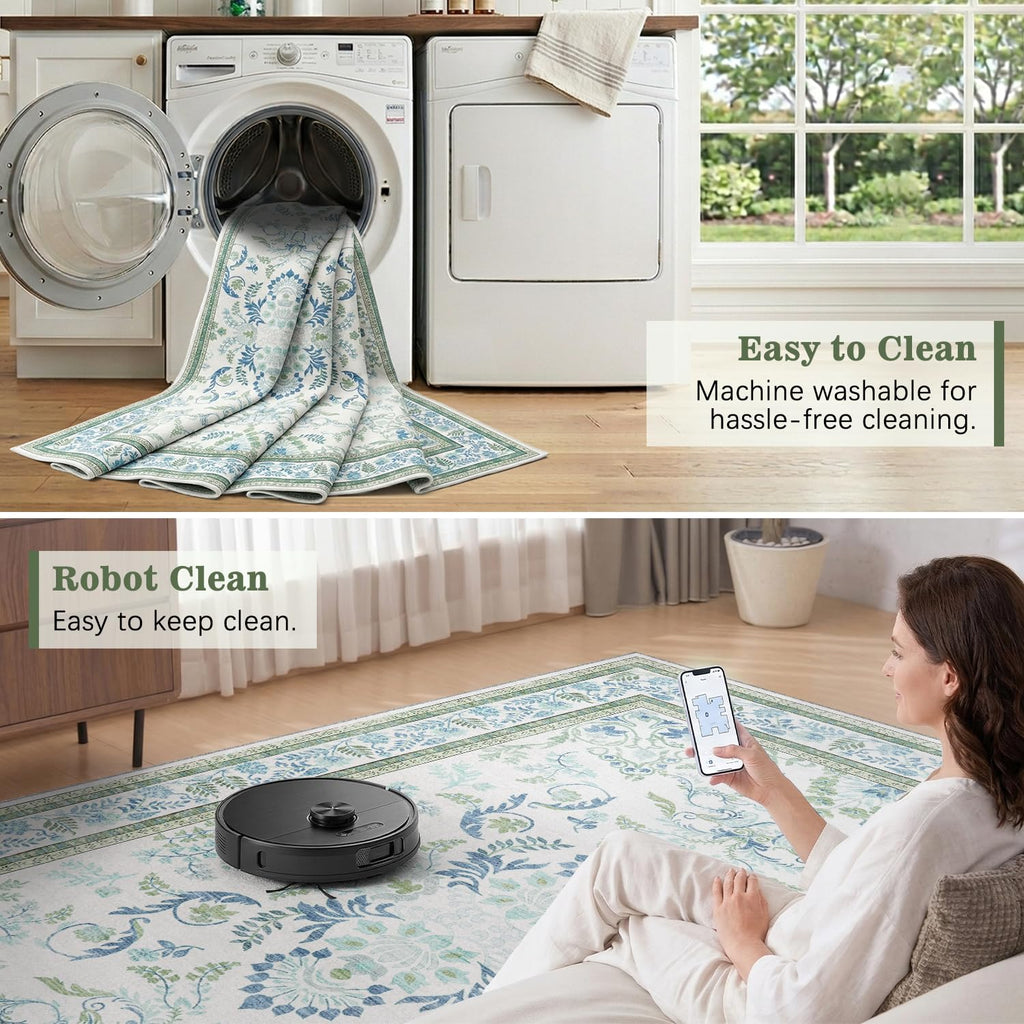Blue and Green Washable 3x6 Runner Rug