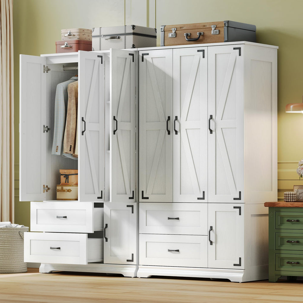 Armoire Wardrobe Closet 71" with 4 Doors & 2 Drawers, White