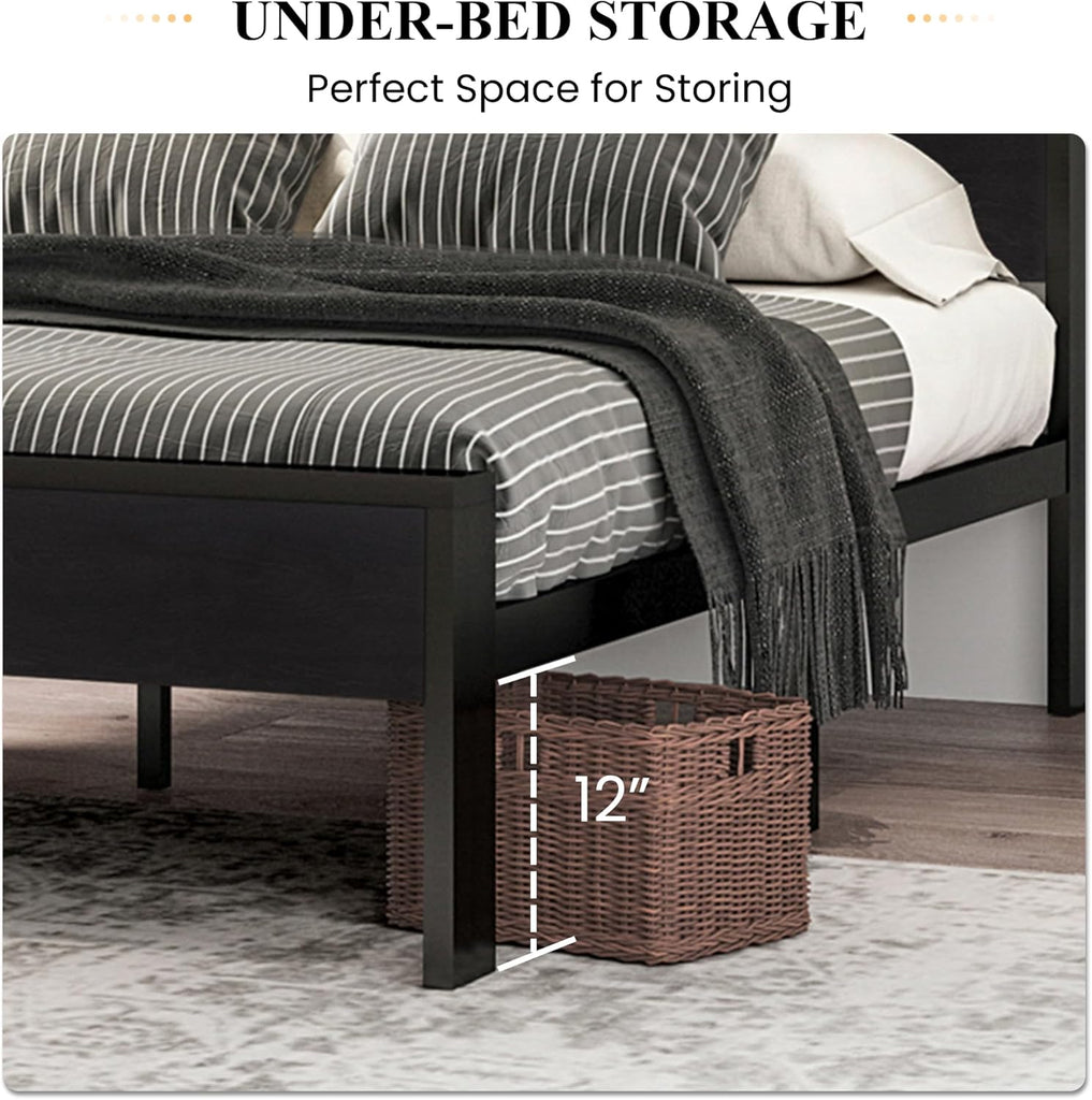 14 Inch Full Metal Platform Bed Frame with Wooden Headboard and Footboard, Mattress Foundation, No Box Spring Needed
