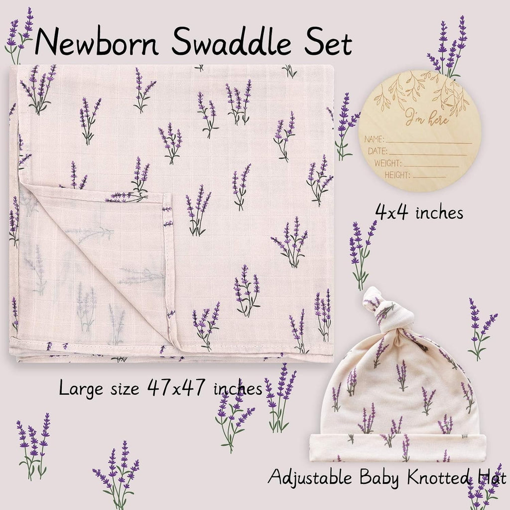 Muslin Swaddle Blankets, Muslin Baby Boy Swaddle Blanket, Headband and Hat Set with Birth Announcement Card, Newborn