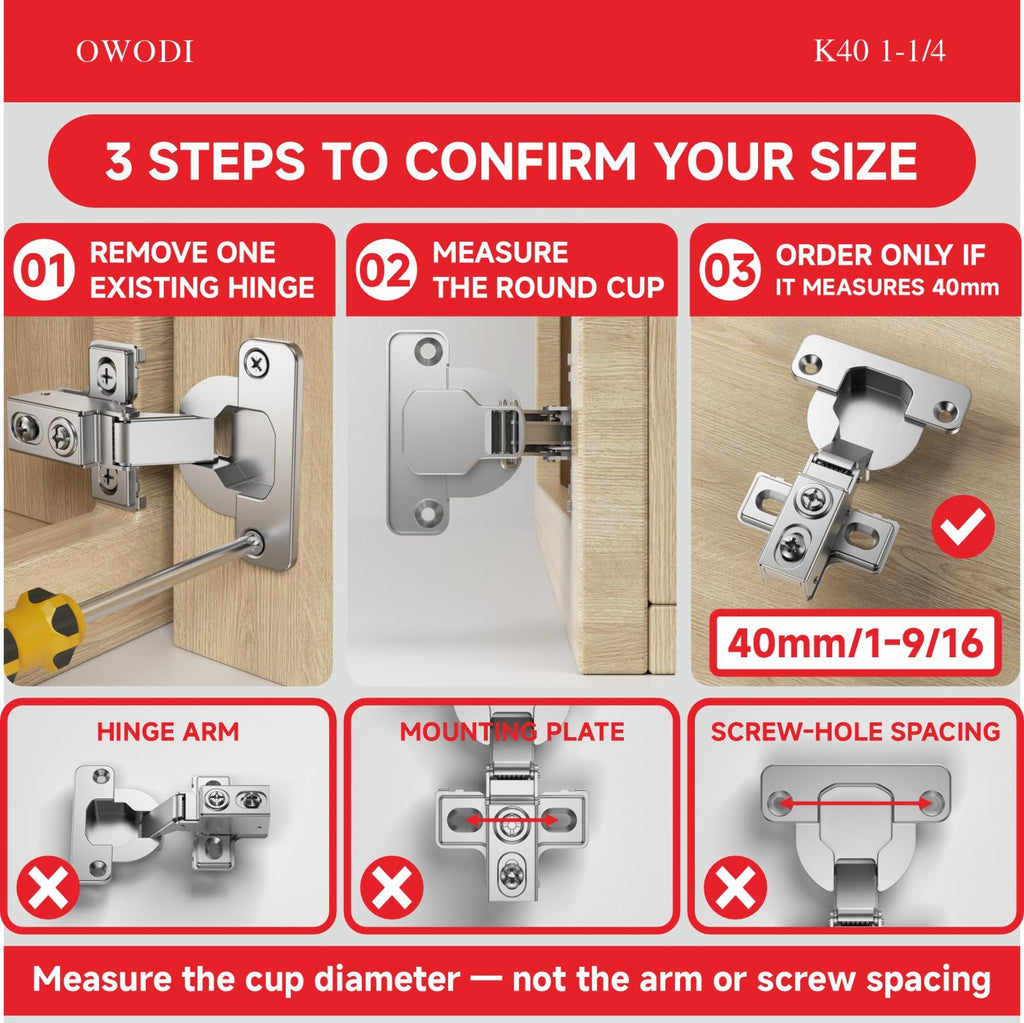 6 Pack 1-1/4 Inch Soft Close Cabinet Hinges - 40mm Cup Diameter, 95° Opening, 3-Way Self-Closing, Concealed Hinges