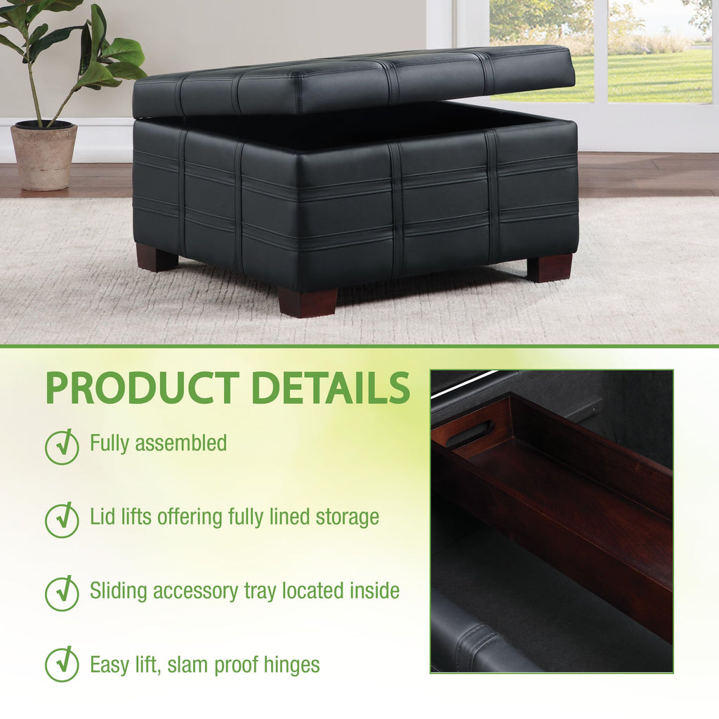 OSP Home Furnishings Detour Strap Square Storage Ottoman with Sliding Tray and Hinged Lid, Black Faux Leather