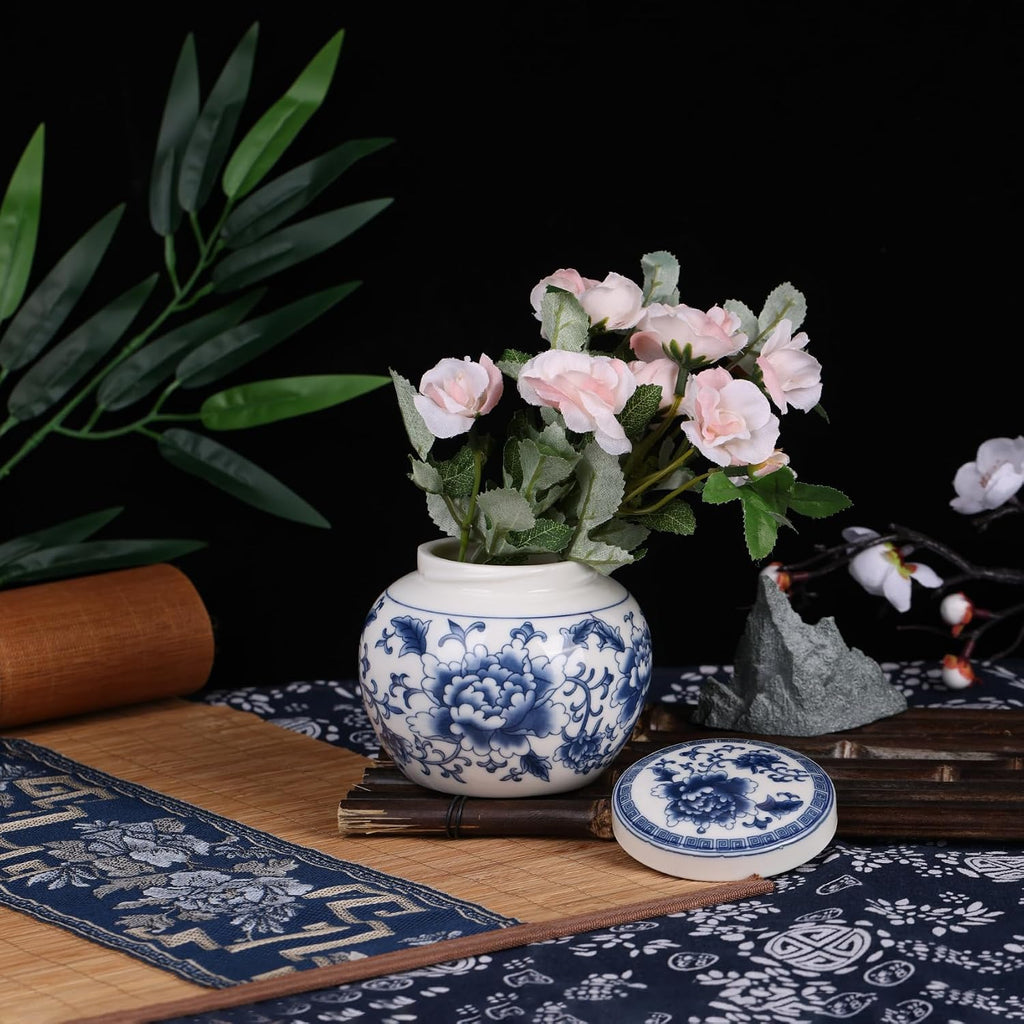 Elegant Mini Blue and White Porcelain Ceramic Ginger Jar With Twist Lid - Modern Twist on Traditional Design (Peony