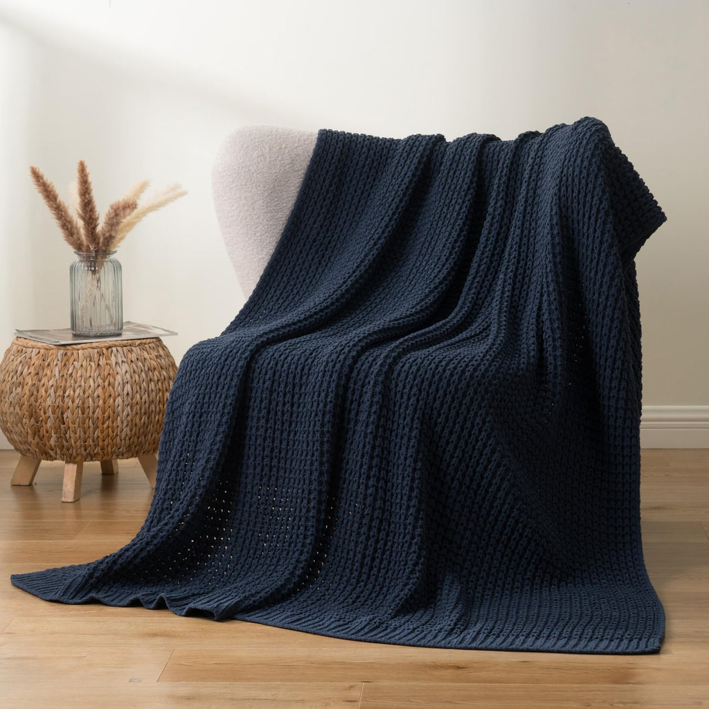 Navy Blue Throw Blanket for Couch, Chenille Knitted Blue Blanket 60''x80''