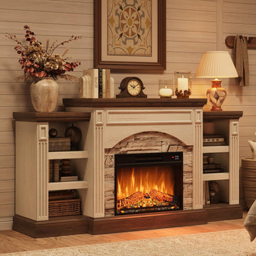 70" Farmhouse Electric Fireplace with Mantel, White and Brown