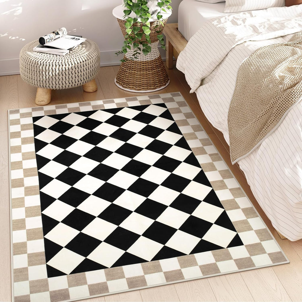 Checkered Rug, Black Washable Bedroom Area Rug Checked Kids Room Rug, Non-Slip Soft Low Pile Stain Resistant