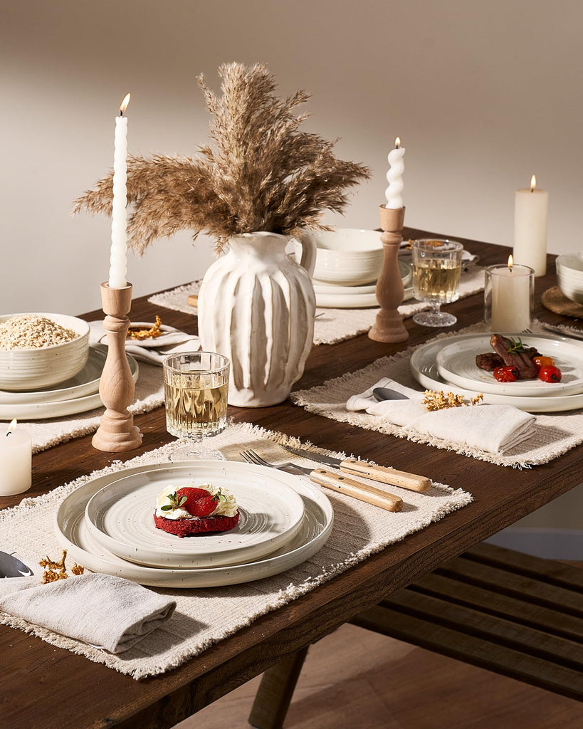 Stoneware Dinnerware Sets for 4, Reactive Glaze Plates & Bowls, Shell Beige
