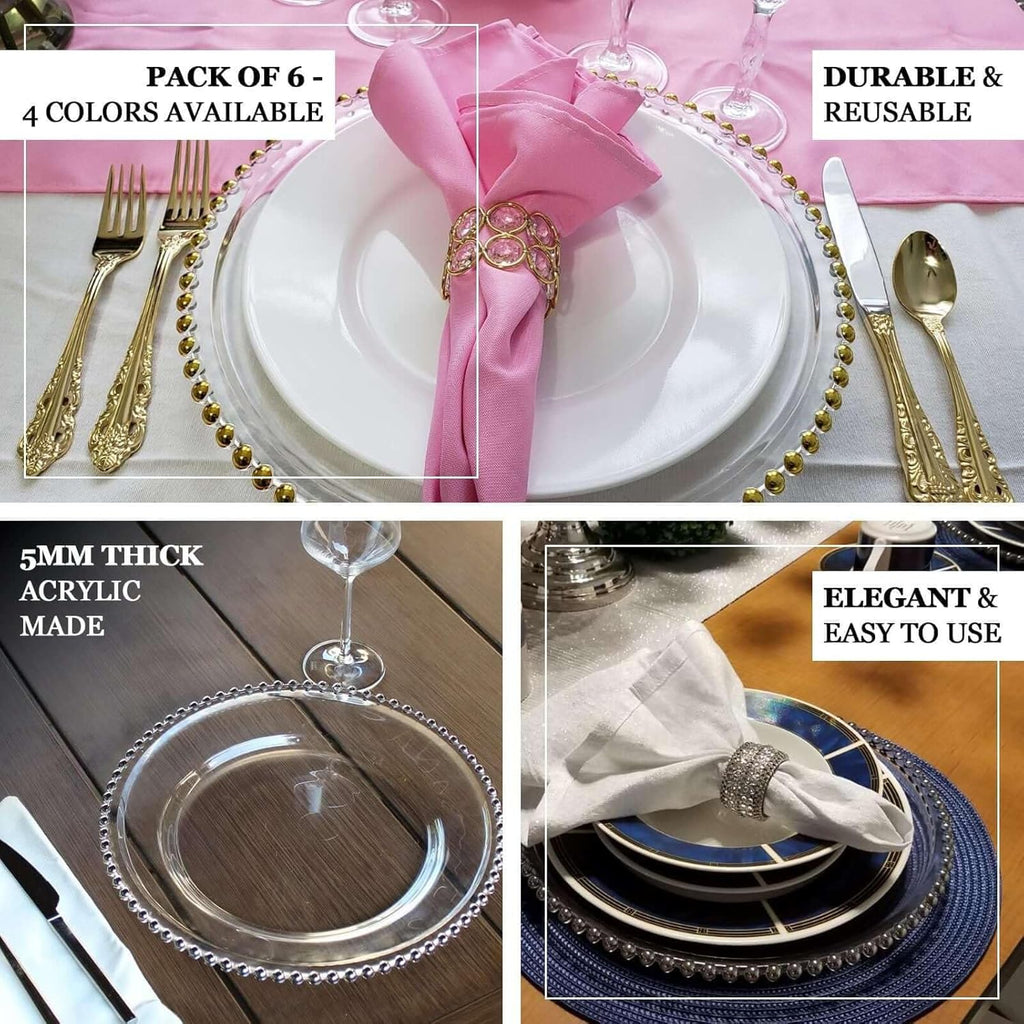 13" Charger Plates - Clear Gold Round Acrylic Disposable Chargers with Beaded Rim - Set of 12