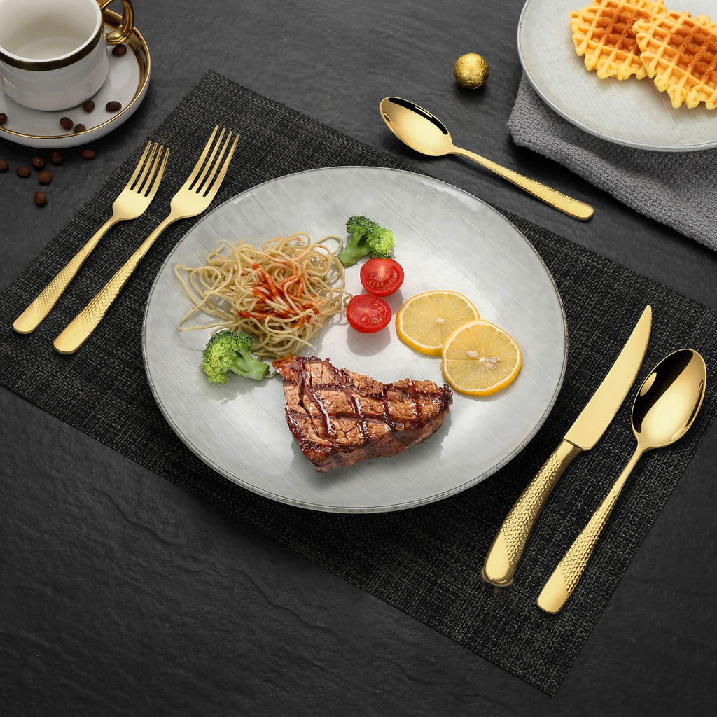 Hammered Gold Silverware Set for 8,18/10 Stainless Steel Flatware Set with Serrated Forged Knives,Heavy Duty