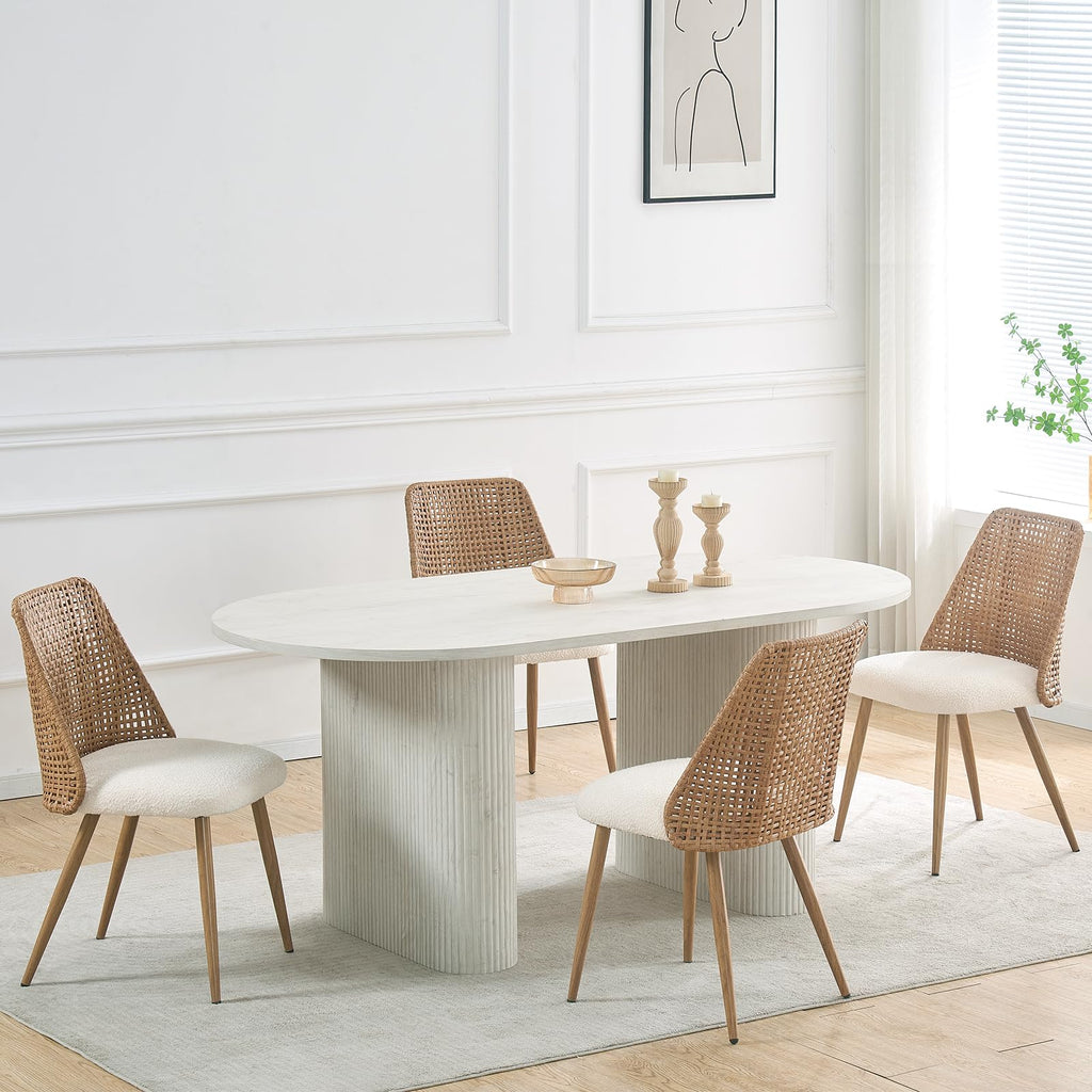 Rattan Dining Chairs Set of 4, Wicker Dining Chairs, Cane Back Dining Chairs with Woven PE Rattan Backrest and Boucle