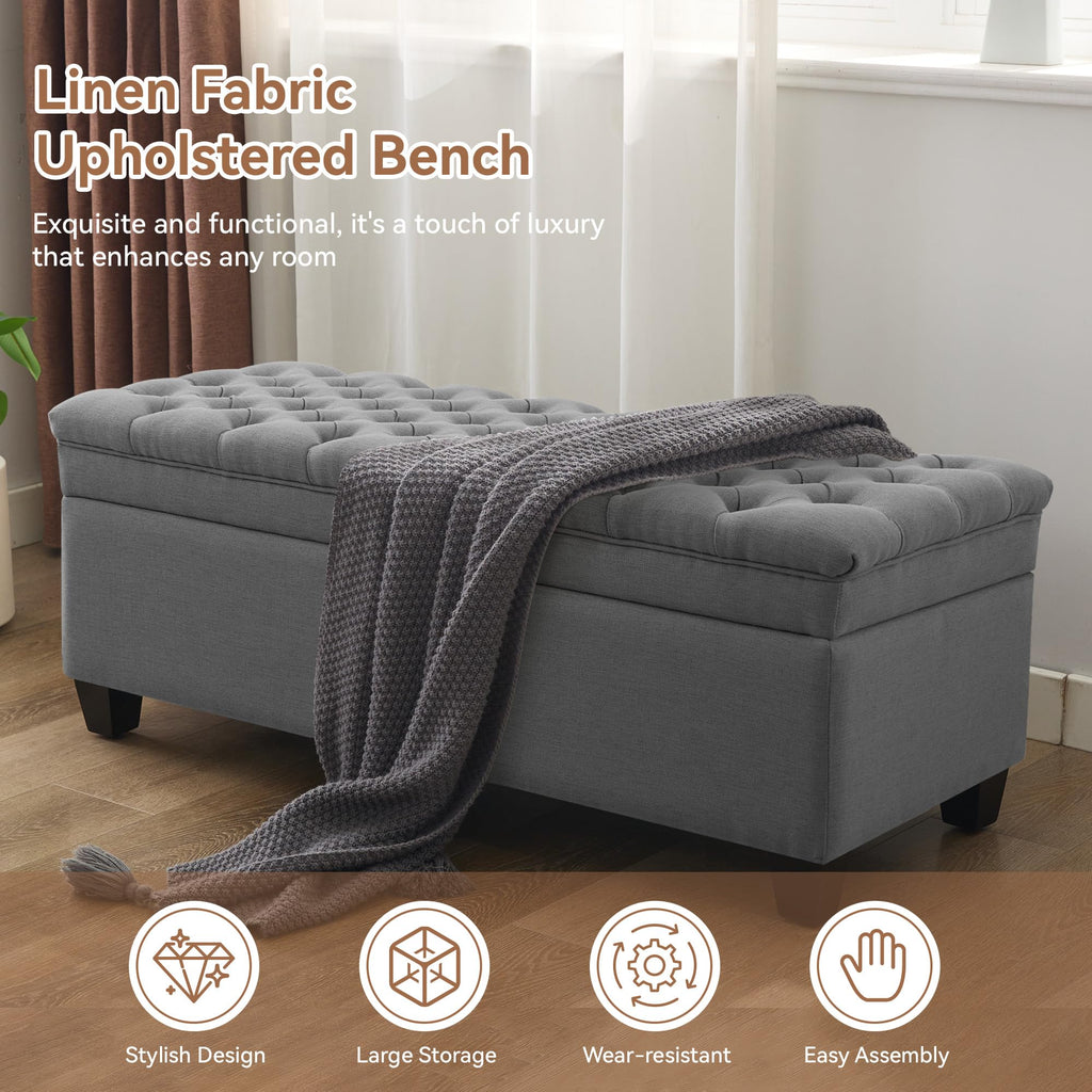 50" Fabric Storage Ottoman Bench, Upholstered Rectangle End of Bed Storage Ottoman Tufted Living Room Bedroom Bench