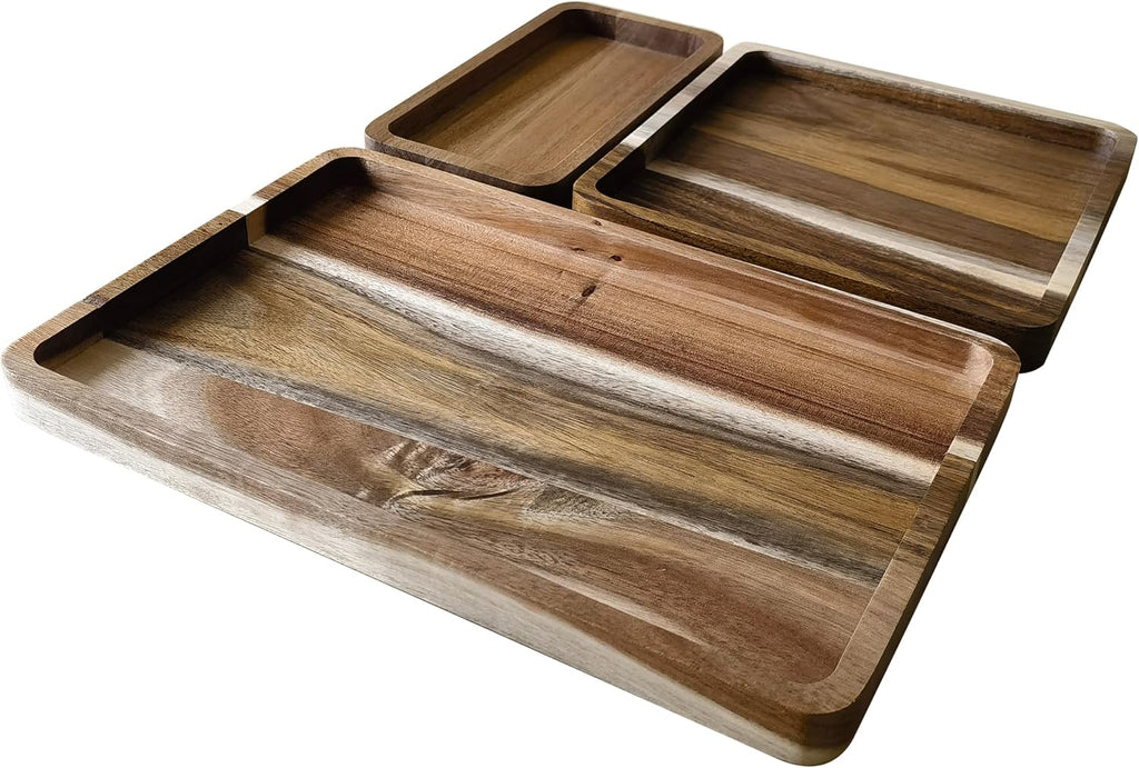 Acacia Wooden Valet Tray for Men,Natural Wood Grain EDC Tray Set Catch All for Keys Wallet Phone Glasses Watch - Set of 3