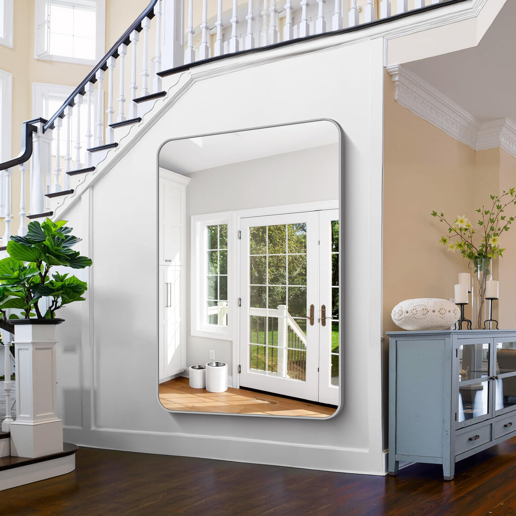 60x40 Inch Silver Bathroom Mirror for Over Sink, Large Rectangular Wall Mirror with Metal Frame, Rounded Corners