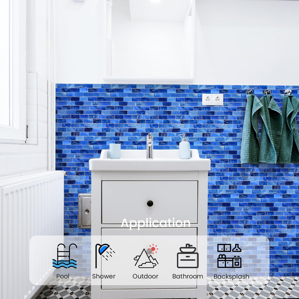 Glass Backsplash Linear Mosaic Wall Tiles, 5-Sheet Glass Tiles Bathroom Swimming Pool Shower Tiles (Dark Blue, 4.8