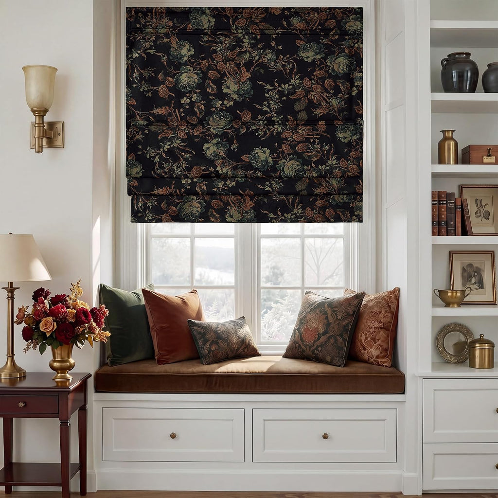 Black Floral Roman Shades for Windows, Cordless Magnetic Velvet Window Blind with Privacy Vintage Moody Botanical