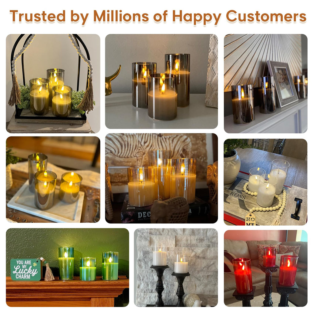Gold Glass Flameless Pillar Candles with Remote, Flickering Fall LED Candles Battery Operated Set of 3
