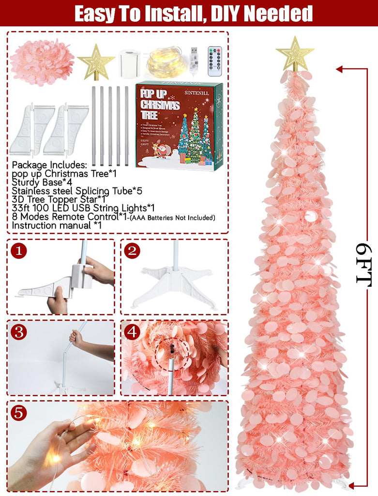 6 FT Pop Up Christmas Tree with 100 LED Timer Lights & Remote, Pink Collapsible Christmas Tinsel Tree Artificial