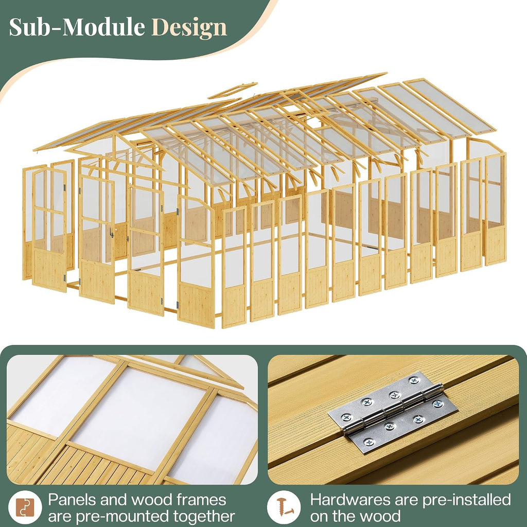 10 x 18-Ft Wooden Greenhouse | Walk-In Cedar Frame, Lockable Door, 2 Adjustable Roof Vents, Polycarbonate Panels, for
