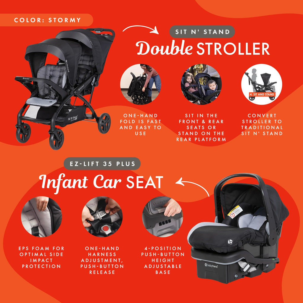 Baby Trend Compact Double Stroller & Infant Car Seat Combo, 2 Pc, Stormy