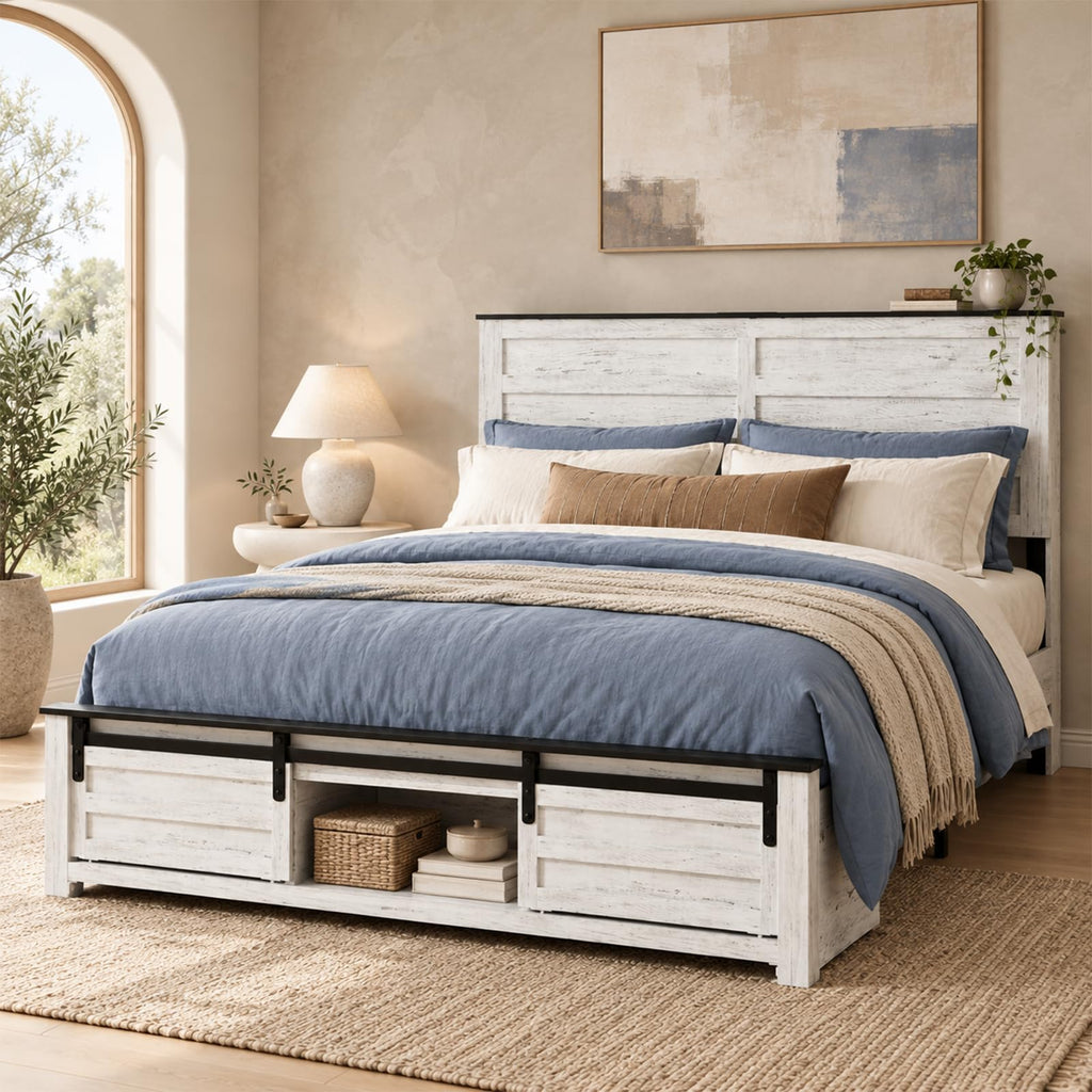 Farmhouse Bed Frame with Barn Door Headboard, White