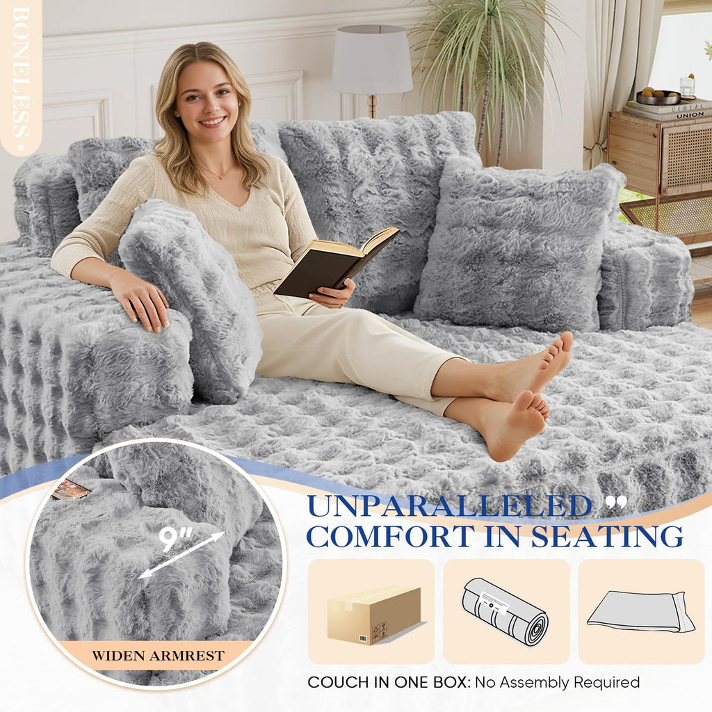 60.75" Oversized Chaise Lounge Indoor, Modern Comfy Bubble Faux Fur Fabric Deep Seat Boneless Sleeper Chaise Lounge